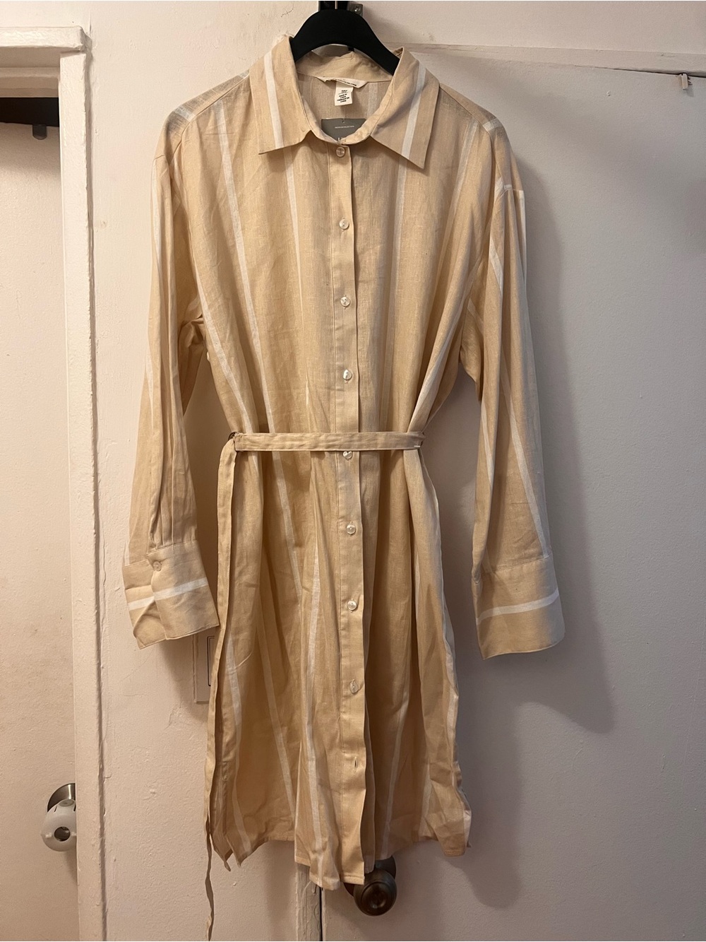 H&M Beige and White Striped Midi Shirt Dress